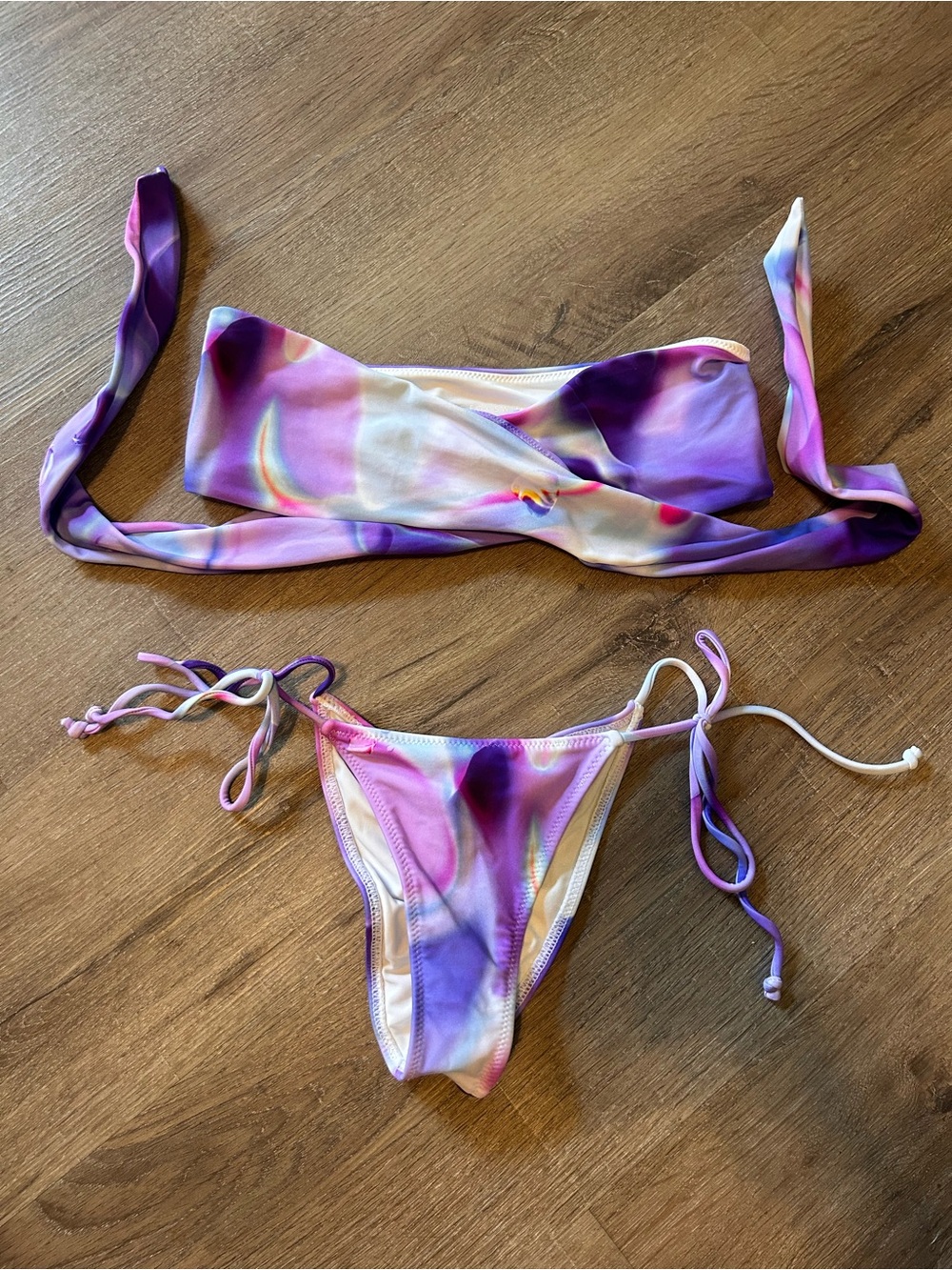 White Fox Swim Bikini Set Womens Size XS Purple Pink Tie Dye Bandeau 2PC